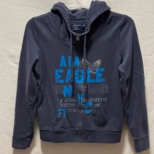 Vtg American Eagle Hoodie Sweatshirt Women Large Y2K AM EAGLE NYC 77 Faded Blue